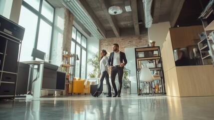 Obraz premium Confident Businesspeople Strolling in a Modern Loft Office