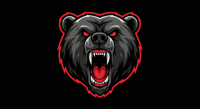 Fierce black bear mascot with red eyes and open snarling mouth