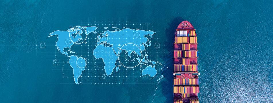 Aerial view container cargo ship with world map network, Container cargo ship in import export logistic freight shipping, Business logistics transportation international by container cargo ship.