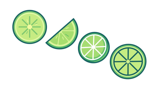 Group of vibrant green lime fruit slices arranged in circular and wedge shapes for food projects.
