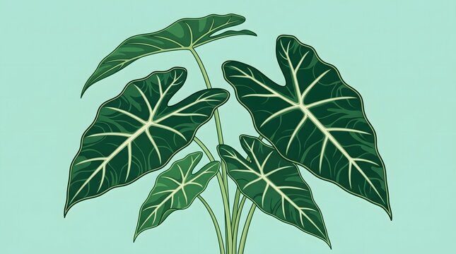 Tropical Alocasia elephant ear plant illustration with green leaves on light background