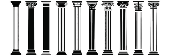 Naklejka premium Ancient pillar icons, classic roman and greek architecture columns, elegant line and silhouette vector design isolated on white background for heritage and construction projects.