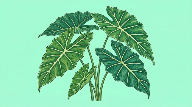 Tropical green alocasia elephant ear plant illustration with detailed leaf patterns on mint green background for botanical design