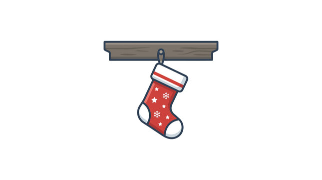 A festive red holiday stocking hangs from a wooden mantle shelf