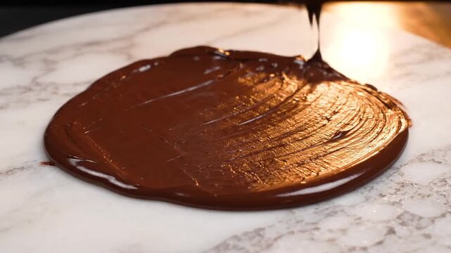 Close-up of tempered chocolate being spread on a marble surface, perfect for confectionery, dessert, and baking content