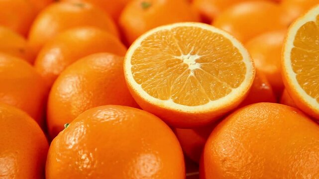 Fresh oranges, halved oranges, citrus fruits, orange pile