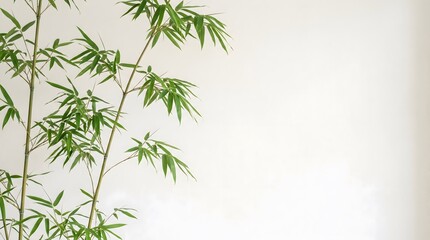 Fototapeta premium Minimalist Green Bamboo Stalks With Delicate Leaves Against A Clean Bright White Studio Background For Zen And Nature Inspired Designs