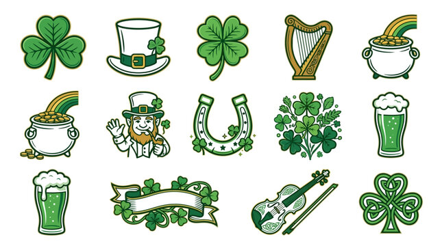 A collection of festive green icons and symbols for seasonal celebrations