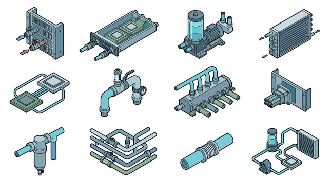 A collection of isometric liquid cooling system components for computer hardware