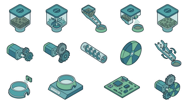 A collection of isometric icons depicting automated pet feeding technology components