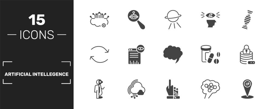 artificial intellegence icon set with cloud intelligence, outer space, visualization, ip signs in filled style. solid icons for ui, web and printing