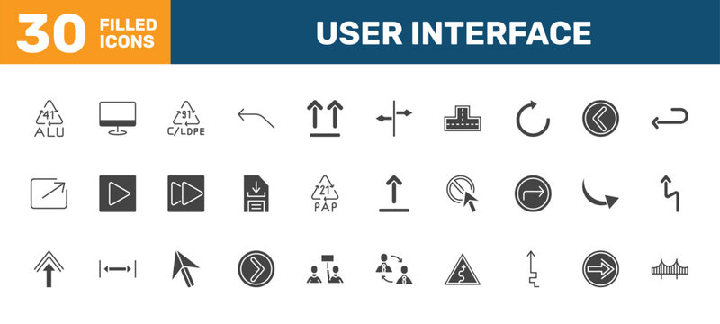 user interface icon set with 41 alu, display, 91 c/ldpe, bridge signs in filled style. solid icons for ui, web and printing