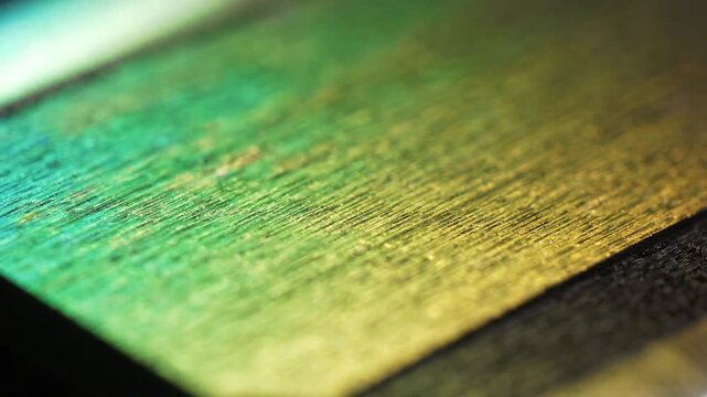 Close-up of a titanium anodized surface with interference colors shifting from purple to blue to green and yellow, creating a vibrant abstract background