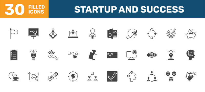 startup and success icon set with success flag, strategy sketch, strategy game, clap signs in filled style. solid icons for ui, web and printing