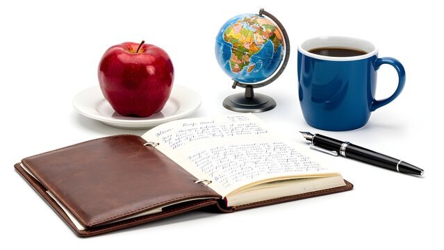 Realistic Photo of Open Book World Globe and Cup of Coffee on Clean White Desk, Creative Workspace for Education Travel Planning and Remote Work Lifestyle, Minimalist Background Copy Space