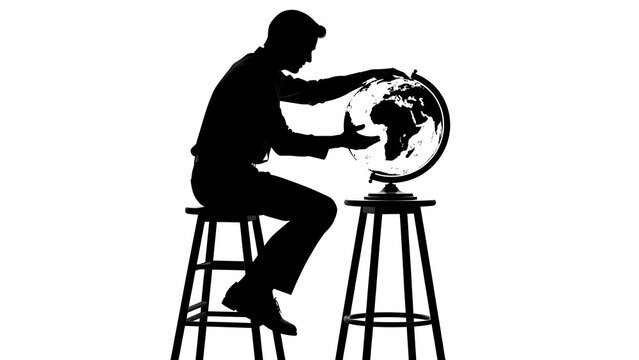 Silhouette Photo of Visionary Person Sitting on High Stool Contemplating Large World Globe, Creative Thinking Future Travel Planning and Global Business Strategy, Minimalist Background Copy Space