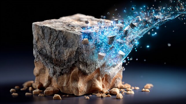 Stone block is partially dissolving into a luminous flow of liquid matter with scattered debris and glowing sparkles.