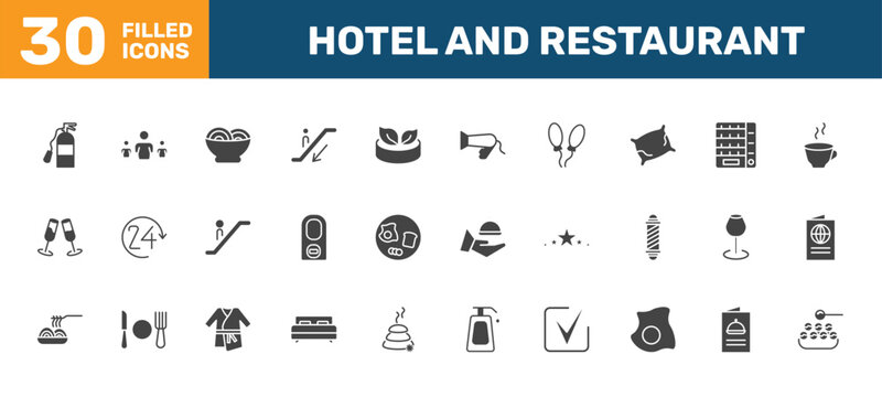 hotel and restaurant icon set with fire extinguisher, people, ramen, takoyaki signs in filled style. solid icons for ui, web and printing