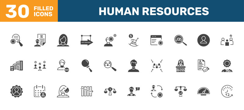 human resources icon set with due diligence, cv, women, 12 hours signs in filled style. solid icons for ui, web and printing