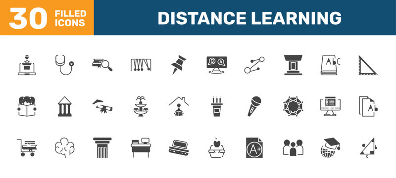 distance learning icon set with online coaching, cardiology tool, research with books, trigonometry signs in filled style. solid icons for ui, web and printing