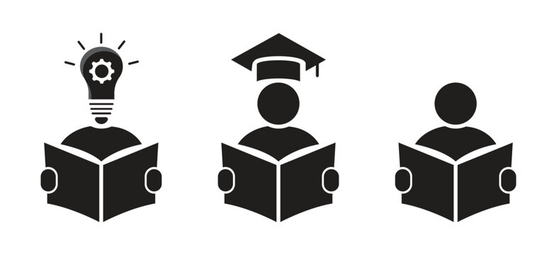 Educational Reader Icon Set with Graduation Cap and Light Bulb