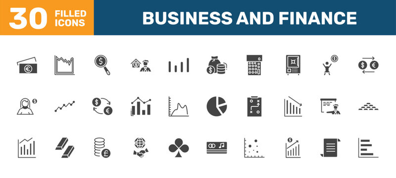 business and finance icon set with euro bills, spike chart, dollar business search, horizontal bar chart signs in filled style. solid icons for ui, web and printing