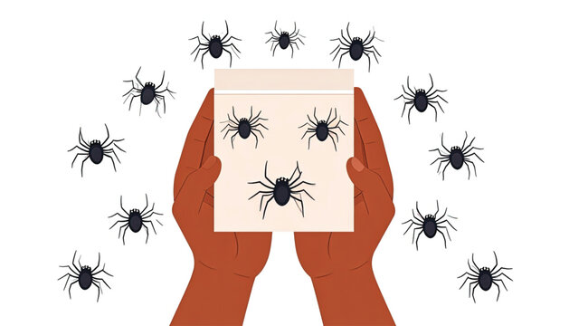 Hands holding spiders on paper closeup.