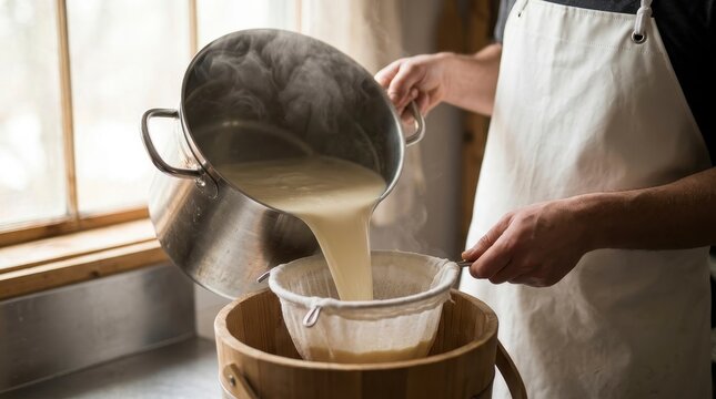 Chef straining a creamy liquid through a sieve into a wooden bowl in a rustic kitchen setting.