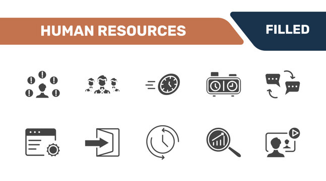 human resources icon set with problems, work team, urgent, video conference signs in filled style. solid icons for ui, web and printing