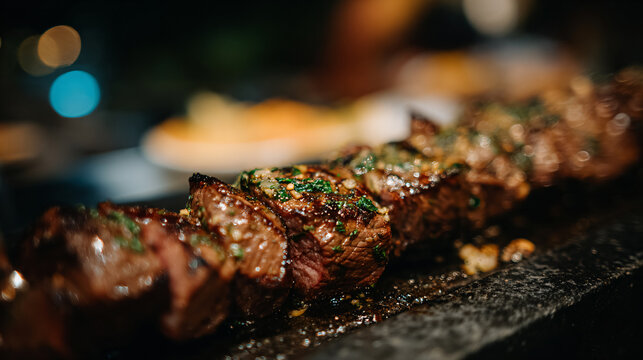 A brazilian traditional barbecue grilled rump cap on the stick, picanha steak churrasco style.