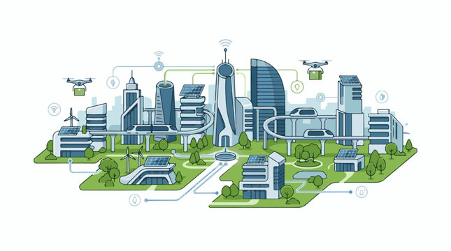 Futuristic city with drones monorails and solar power