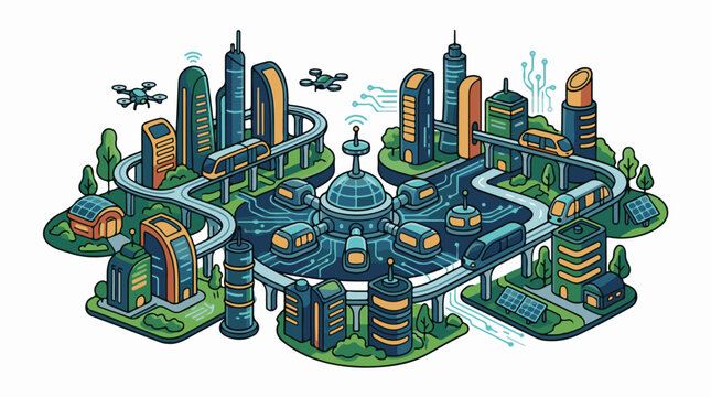 Futuristic city with drones monorails solar power and tech infrastructure