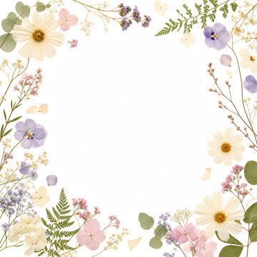 Beautiful Arrangement Of Pressed Flowers And Green Leaves Forming A Delicate Square Frame On A Clean White Background Captured With Soft Natural Studio Lighting Effects