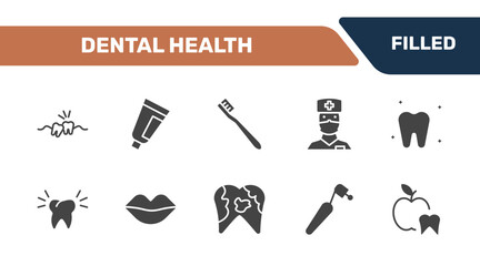 Naklejka premium dental health icon set with wisdom tooth, toothpaste tube, toothbrushes, dentist signs in filled style. solid icons for ui, web and printing