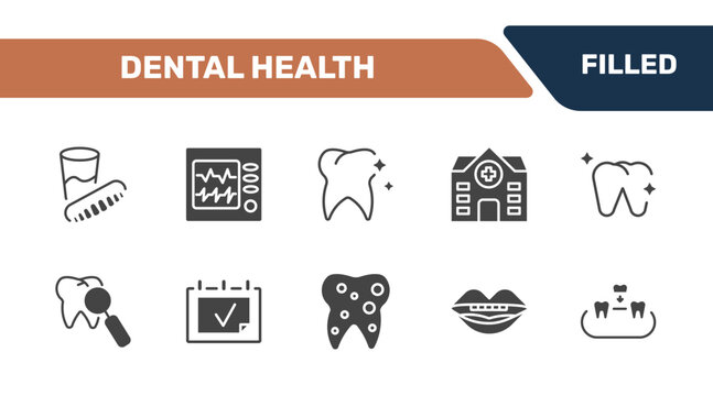 dental health icon set with denture, ekg monitor, tooth whitening, overdenture signs in filled style. solid icons for ui, web and printing
