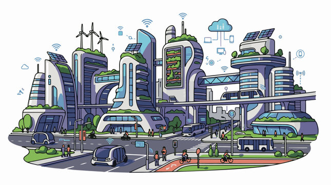 Futuristic city with self-driving cars monorails and green architecture