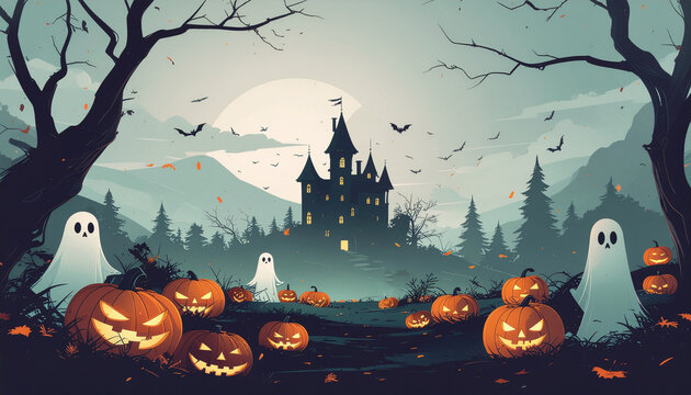 Cute Halloween background with spooky jack o lanterns and ghosts in front of a haunted castle, with copy space