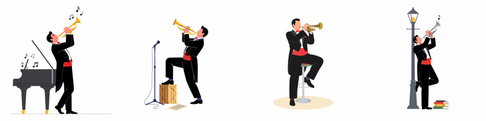Set of Flat Vector Illustrations featuring a Professional Male Trumpet Player in a Tuxedo Performing in Various Scenarios with a Piano and Lamp Post. © Selfi