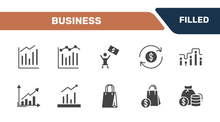 Fototapeta premium business icon set with measure success, measuring success, woman with dollar bill, finance signs in filled style. solid icons for ui, web and printing