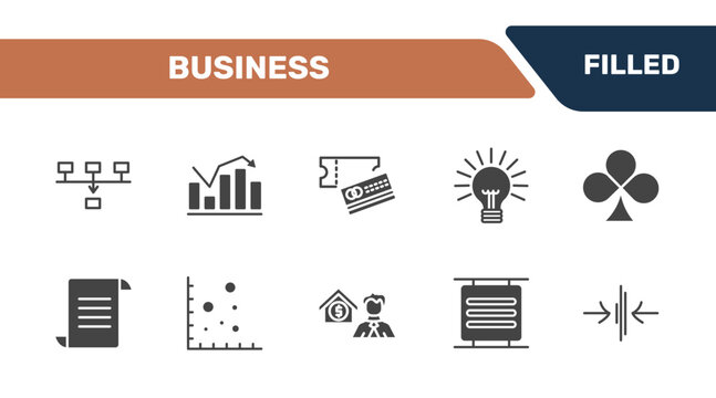 business icon set with item connections, statistical chart, credit card and ticket, thin signs in filled style. solid icons for ui, web and printing