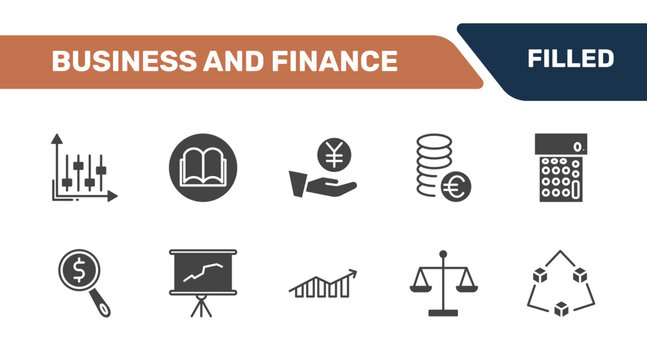 business and finance icon set with tones, story, yen coin on hands, connection box chart signs in filled style. solid icons for ui, web and printing