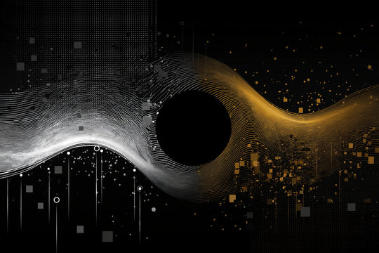 Abstract black hole with flowing data waves and digital particles