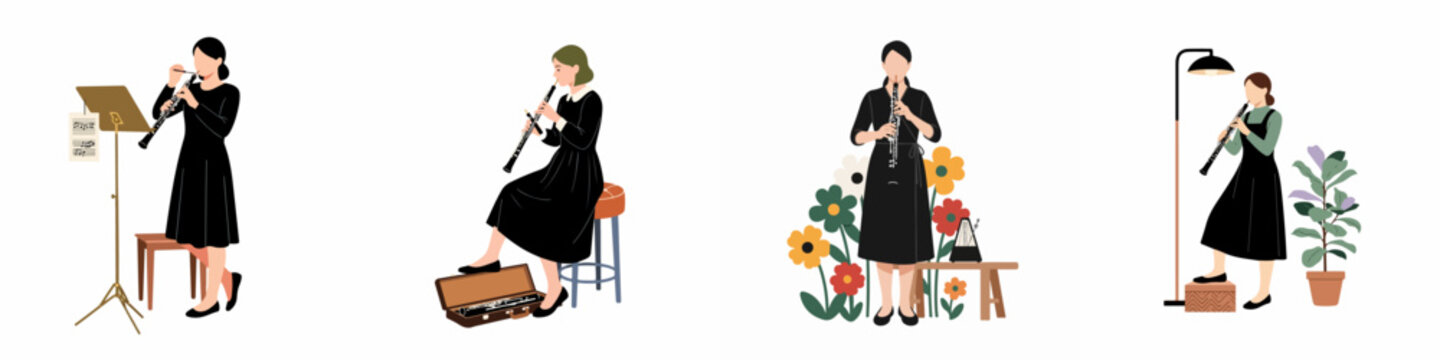 Set of minimalist flat vector illustrations depicting women musicians playing the oboe in different poses and settings, isolated on a white background.