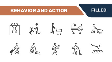 Fototapeta premium behavior and action icon set with man lifting bar, man and dog, man shopping, headfirst to water signs in filled style. solid icons for ui, web and printing