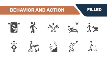 Fototapeta premium behavior and action icon set with man sleeping, man spraying deodorant, man fitness, throwing trash signs in filled style. solid icons for ui, web and printing