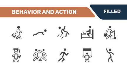Fototapeta premium behavior and action icon set with going to work, stick man push up, man falling, stick man dancing signs in filled style. solid icons for ui, web and printing