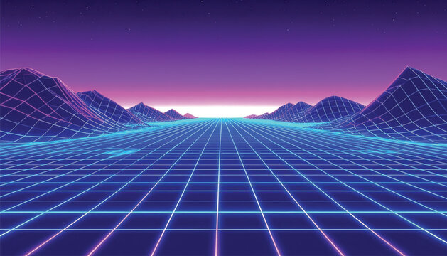 Neon Grid Lines Digital Landscape Background.