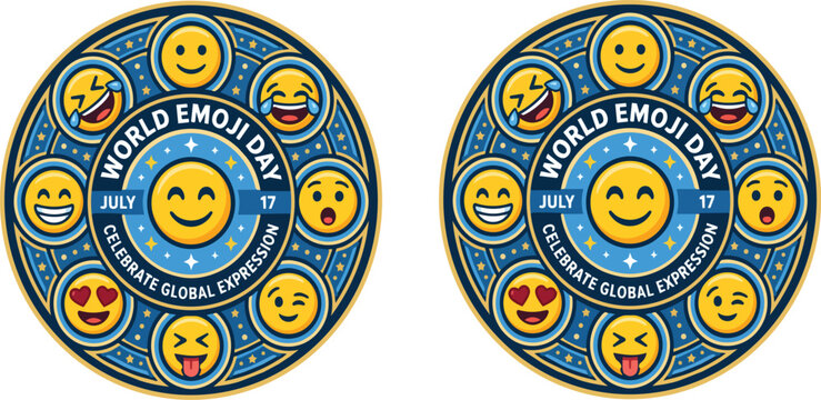 Colorful world emoji day vector illustration featuring multiple facial expressions arranged in a decorative circular emblem format on transparent background