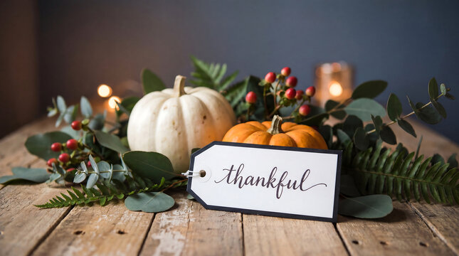 Thanksgiving table centerpiece with pumpkins and a thankful tag