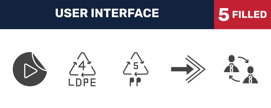 user interface icon set with video play, 4 ldpe, arrow pointing right, job transition signs in filled style. solid icons for ui, web and printing